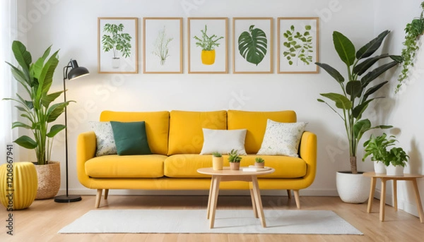 Obraz ai of living room yellow sofa design and photos frame on wall and wooden floor and wooden table