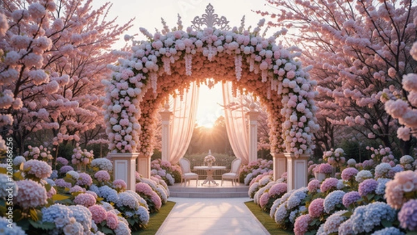 Fototapeta Romantic floral arch adorned with pink hydrangeas and sunset glow in garden setting