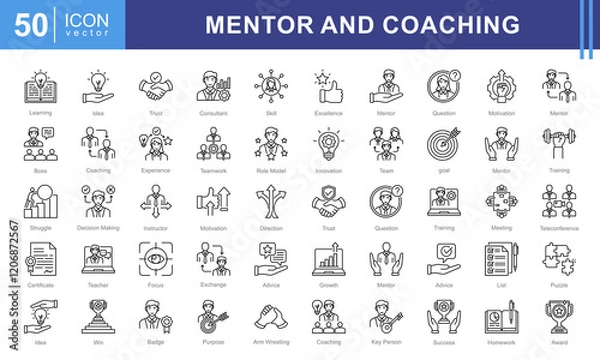 Fototapeta Mentor and Coaching icon collection set. Containing coach, students, presentations, guidance, trainee program and learning materials. Great for education, workshops, or self development services.