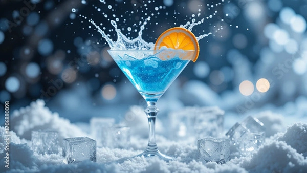 Fototapeta Frosty blue cocktail splashing with orange slice garnish in snowy setting