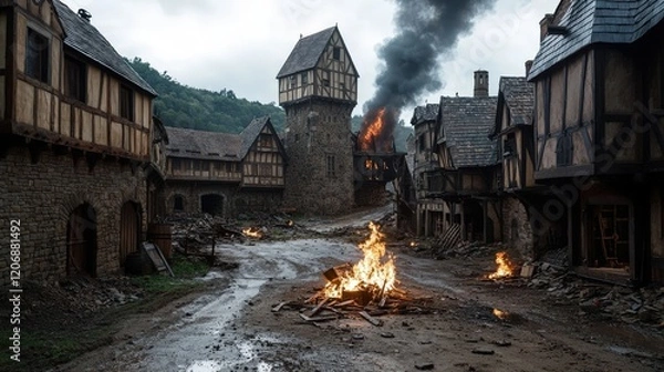 Obraz A medieval village with burning structures, smoke rising, and a gloomy atmosphere, depicting destruction and chaos.