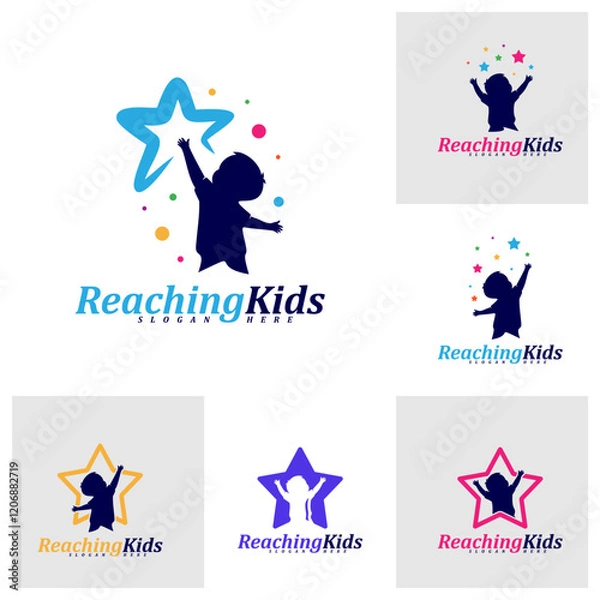 Fototapeta Set of Child reaching stars logo design concept vector. Reaching Stars Logo Design Template. Dream star logo. Creative Symbol. Icon