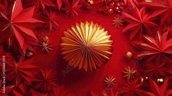 Fototapeta Festive Geometric Lantern: Abstract Chinese New Year Background with Gold and Red Papercut Elements. Modern Layered Design for Luxury Marketing. AI-Generated High-Resolution 8K Wallpaper for Posters a