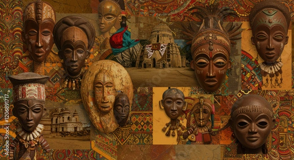 Fototapeta African mosaic landmarks and cultural art forms in vibrant abstract collage background.