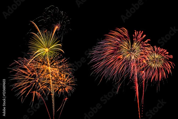 Obraz Isolated set of fireworks on black background with clipping path