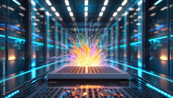 Fototapeta Technology creating a dazzling and dynamic splash effect in a sever room. AI Generated.