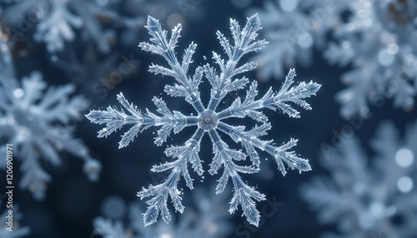 Fototapeta Intricate Snowflake Close-up Captured Amongst Frosty Crystals in a Wintery Setting