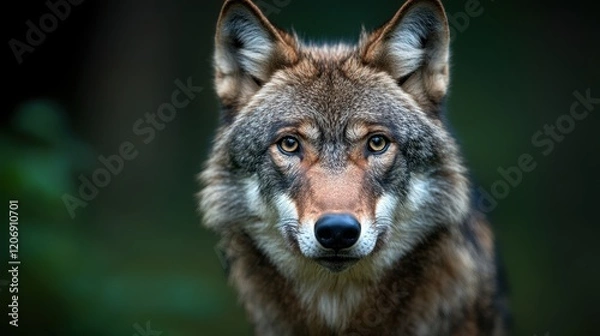 Fototapeta A close-up portrait of a wolf showcasing its intense gaze and beautiful fur.