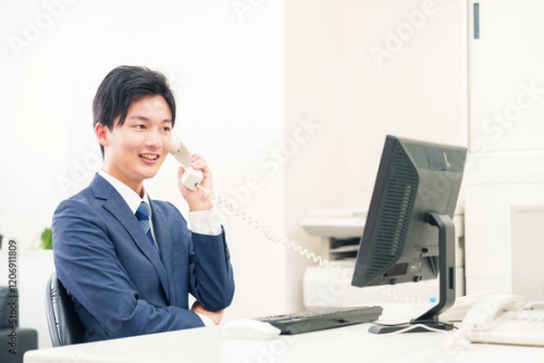 Obraz オフィスの電話で話すビジネスマン