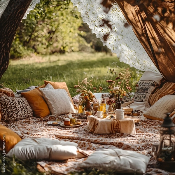 Fototapeta Bohemian Picnic in the Sun-Drenched Grove: A cozy and enchanting bohemian-style picnic unfolds beneath the shade of a tree, surrounded by nature's beauty. Soft sunlight filters through the leaves.