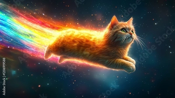 Fototapeta Colorful cat streaks through a vibrant galaxy while chasing cosmic adventure in a magical universe