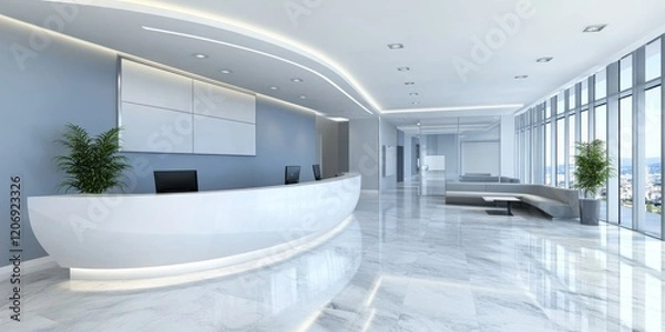 Fototapeta Modern reception area with curved desk, LED lights, and plants