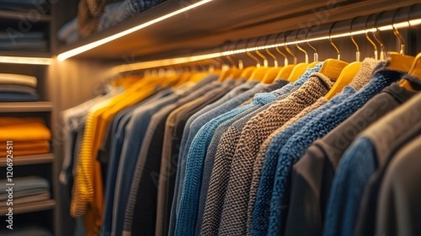 Fototapeta Rack of various clothing items hanging on a wall in a retail store environment