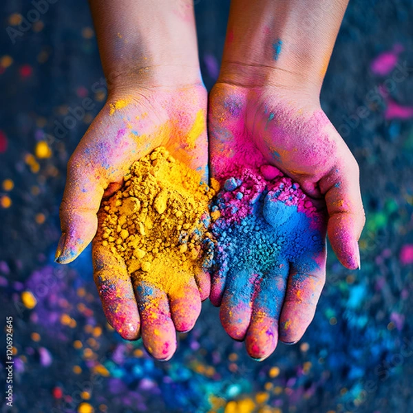 Fototapeta Hands Full of Color: Vivid hues of yellow, pink, and blue powder paint adorn a pair of hands, showcasing the vibrant artistry and playful spirit of color festivals. 