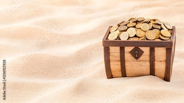 Fototapeta Treasure Chest Filled with Gold Coins on Sandy Beach Background, Generative AI.