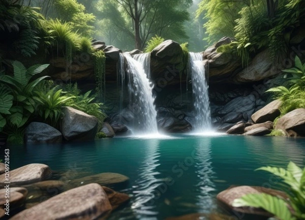 Fototapeta A tranquil waterfall cascades into a crystal-clear pool, creating a soothing melody that echoes through the forest, misty surroundings, tranquil pool, natural wonder