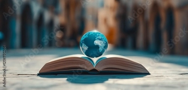 Fototapeta Open book with a world globe on top, symbolizing global knowledge