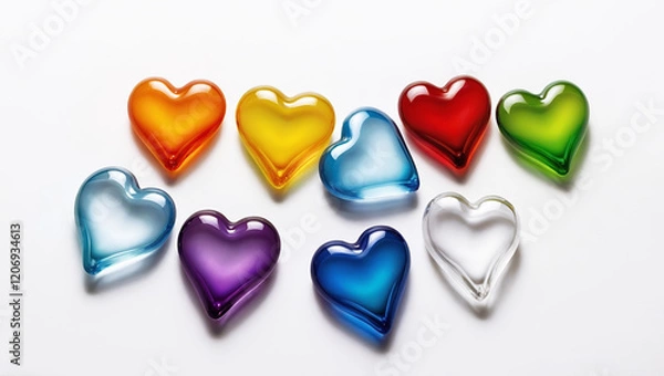 Fototapeta bright vivid rainbow glass hearts isolated on white background, assorted colorful yellow, orange, red, blue, purple and green transparent heart and copy space for text