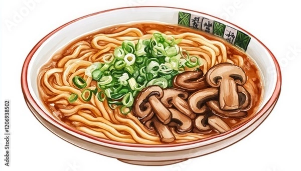 Fototapeta Delicious bowl of ramen noodles with mushrooms and scallions.