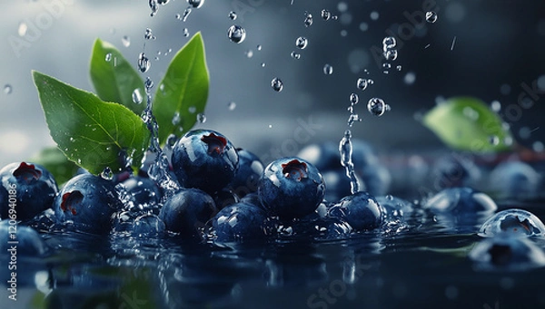 Fototapeta A few blueberries in the water, splashing with sparkling