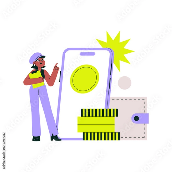 Obraz Digital wallet with coins and smartphone in flat vector illustration symbolizing online payments, cryptocurrency transactions, and mobile financial management, isolated on white background.