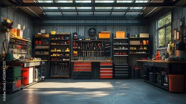 Fototapeta A well-organized garage filled with various tools and equipment for home improvement and repair projects