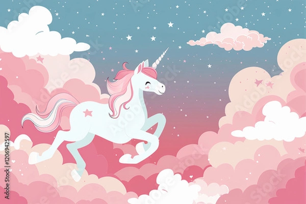 Fototapeta Fantastically beautiful mythological pink unicorn with big long horn, abstract vivid composition consists of fictional unreal fantastic vision on background