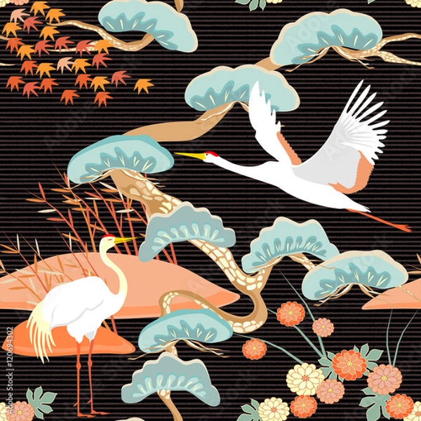 Fototapeta Chinese seamless pattern with pine trees and cranes. Vector.