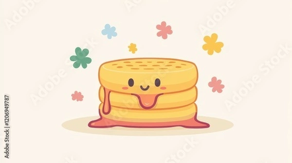Fototapeta Cheerful Stacked Waffles with Dripping Syrup and Floral Accents