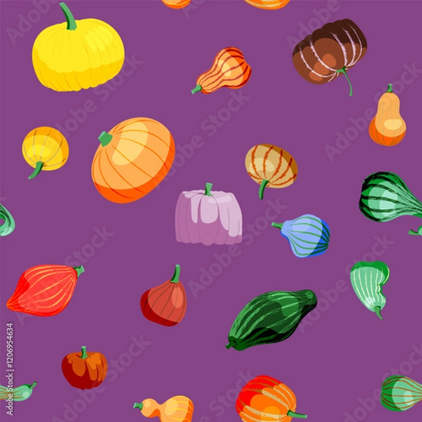 Fototapeta Seamless pattern on a purple background from different pumpkins. Suitable for wrapping paper, gifts, cards. Vector illustration