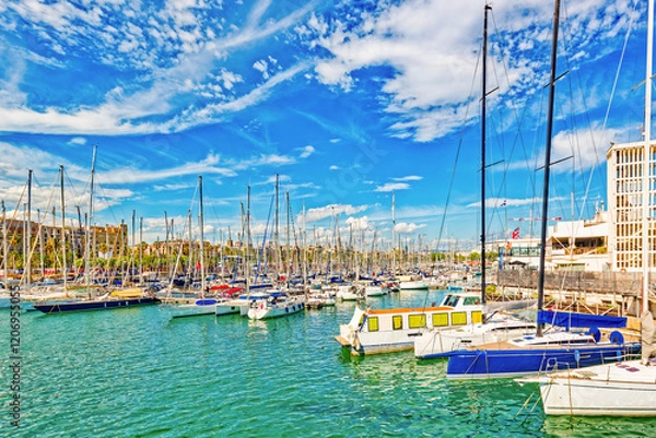 Obraz Barcelona. Seaport and  Yacht parking at the pier.