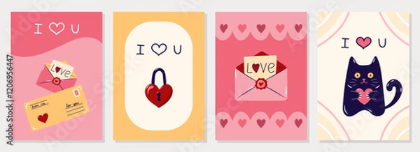 Fototapeta Happy Valentine's Day Cards collection. 4 Simple cute greeting cards with envelopes and cat. Vector illustration.