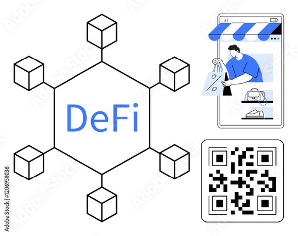 Fototapeta Blockchain network with DeFi, person shopping online, and QR code. Ideal for finance, tech, e-commerce, blockchain, digital payments fintech innovation themes. Blue and black abstract line flat