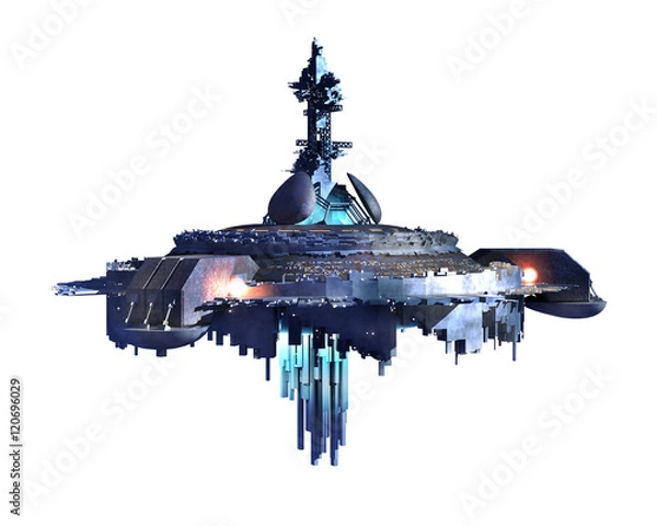 Obraz Ilustracja 3D obcego UFO na tle science fiction międzygwiezdnych podróży w kosmos ze ścieżką przycinającą zawartą w pliku