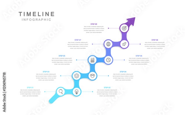 Obraz Business road map timeline infographic concept. with icons and 9 steps. Can be used for workflow layout, icons, diagram, report, web design Creative. marketing data. Vector illustration
