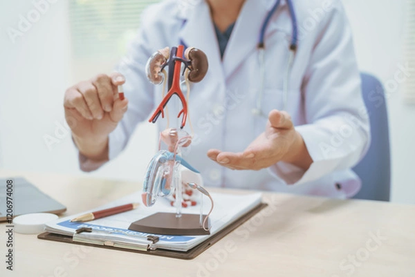 Fototapeta Male doctor treating male urinary tract diseases, providing consultations at a hospital,discussing urinary tract models,diagnosing urethritis,prostatitis,cystitis, pyelonephritis,offering effective