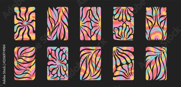 Fototapeta Vector illustration set of groovy colorful icons with abstract flowers, leaves, brunches isolated on black background. Modern funky floral design elements for sticker print, card