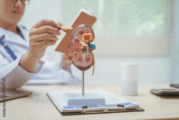 Obraz Male doctor treating kidney disease at a hospital table,discussing kidney disease models,diagnosing chronic kidney disease,acute renal failure, nephritis,pyelonephritis,offering online consultations