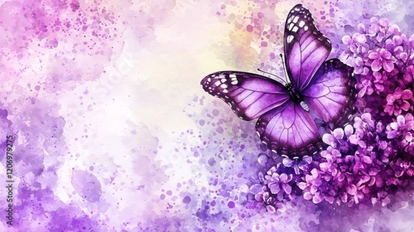 Fototapeta Purple butterfly on lilac flowers, watercolor background, spring nature scene, greeting card design