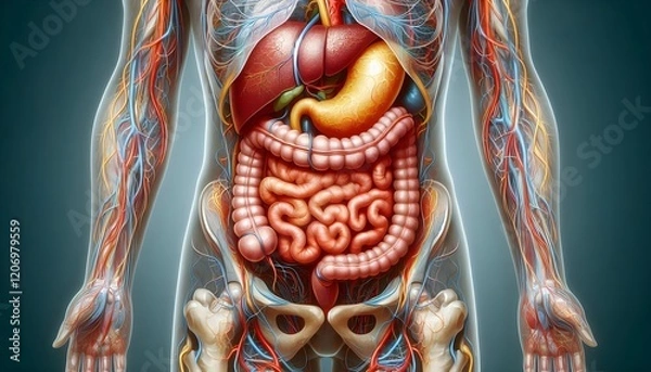 Fototapeta A detailed medical illustration of the human abdomen, highlighting internal organs such as the stomach, liver, and intestines in an educational format.	