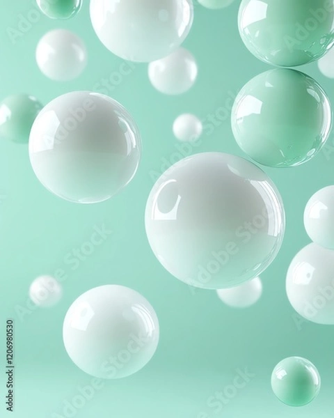 Fototapeta Floating spheres in a soft mint background.