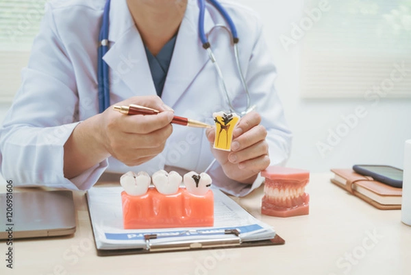 Fototapeta Male doctor treating dental diseases at a hospital, discussing tooth decay, crooked teeth broken teeth,cracked teeth, gum inflammation, and wisdom tooth pain, providing treatment plans, patient care