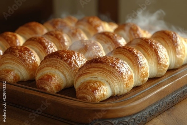 Fototapeta Freshly baked croissants arranged neatly on a wooden tray, steaming hot. Generative AI
