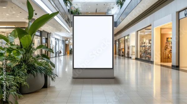 Fototapeta blank billboard in shopping mall surrounded by greenery and stores, creating modern and inviting atmosphere. Ideal for advertising and promotions