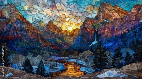 Fototapeta Colorful Abstract Watercolor Stained Glass Pattern mountain with the sun nature background
