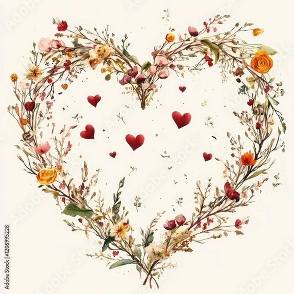 Obraz Wreath in the form of a heart made of branches and flowers, festive decoration of postcards.