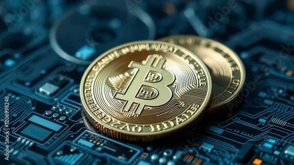 Fototapeta Close up shot of a single bitcoin cryptocurrency coin, digital, bitcoin, technology