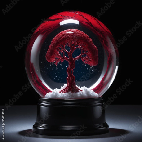 Fototapeta Dramatic Glowing Red Glob Tree with Dew Against Dark Background