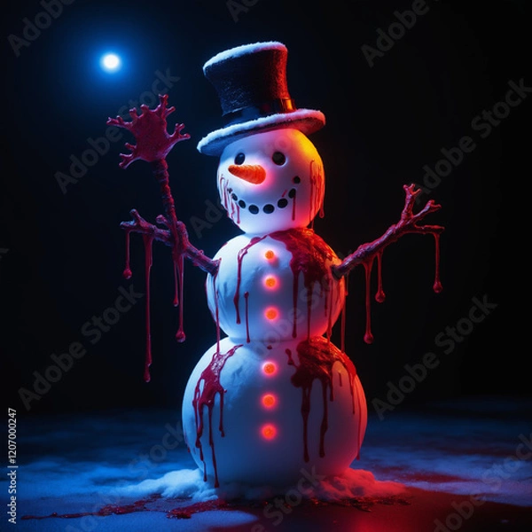 Fototapeta Dramatic Glowing Red Snowman with Dew Against Dark Background