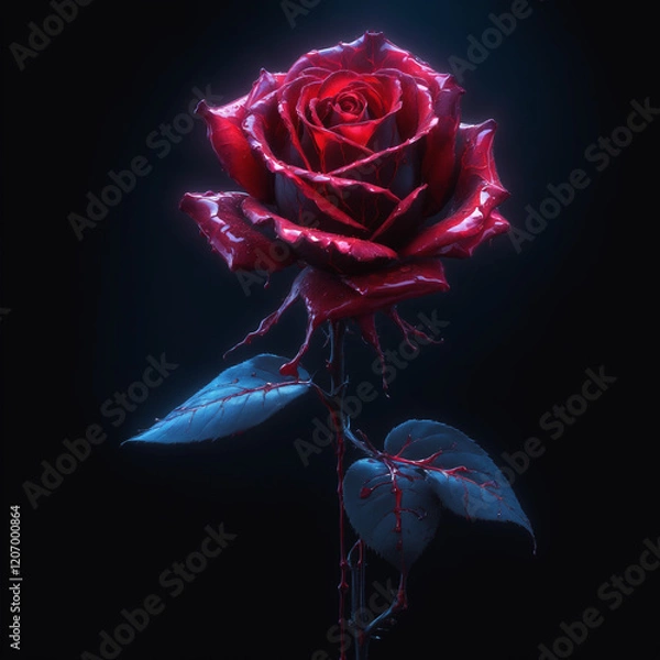 Fototapeta Dramatic Glowing Red Rose with Dew Against Dark Background